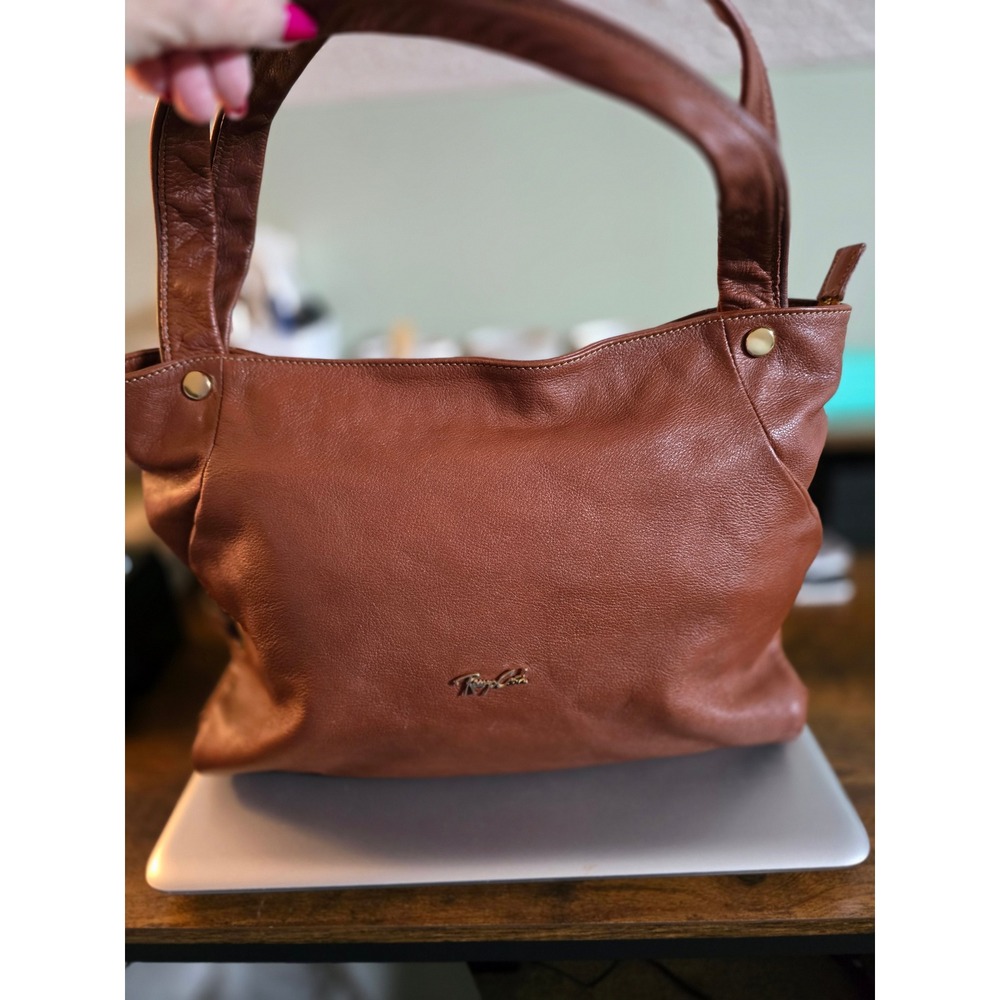 Renzo Costa Brown Pebbled Leather Shoulder Bag Hobo Handbag Gold Tone Hardware